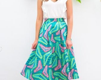 Jupe Midi, fait à la main en wax / tissu / pagne africain