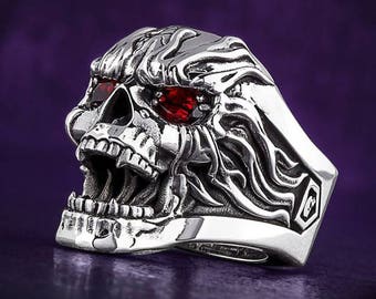 Skull Ring handmade Silver .925 with 2 Rubies