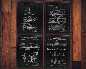 Antique Military War Blackboard Patents Set of 4 / Army / Military Tank / Air Force / Navy Ship / Marine Decor (DOWNLOAD)
