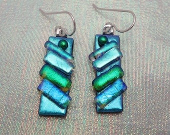 Fused dichroic glass earrings diagonal strips sterling silver ear wires dichroic earrings long dangle drops