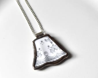 Broken China Jewelry Pendant - Grey and White