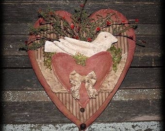 Primitive Valentine Lace Heart Dove Door Hanger E-PATTERN