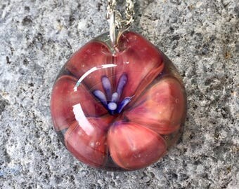Glass Flower Pendant Necklace Boro Lampwork Jewelry - Rubies
