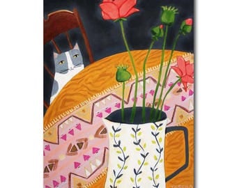 Tuxedo Cat original painting Gray and white cat at the table cat folk art painting by artist Tascha
