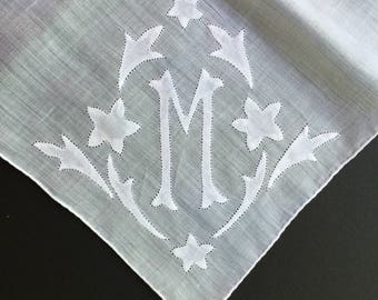 Vintage White Hanky with a White Initial M - Hankie Handkerchief