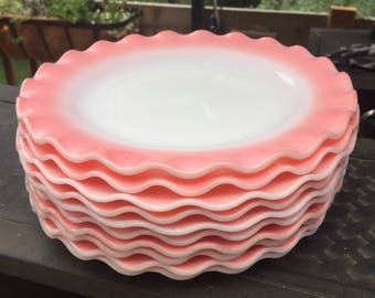 Vintage 1950's Hazel Atlas Pink Crinoline Ruffle Milk Glass dinner plate