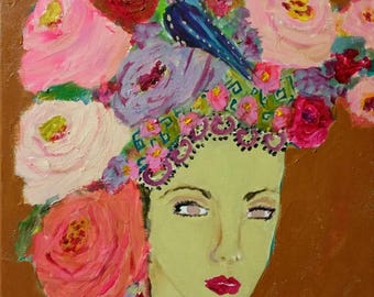 Flowers in her hair painting, headdress, lady art, painting of woman, roses painting, roses art, feminine art,  pink, purple, aqua, bohemian