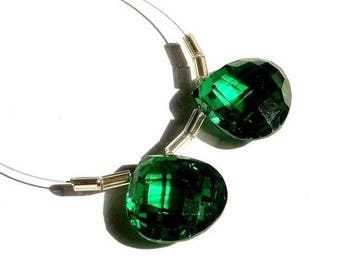 50% Off Sale Matched Pair 15mm AAA Emerald Green Corundum Quartz Faceted Heart Shaped Briolette