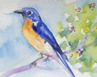 original watercolor painting ACEO blue bird,2.5x3.5 inches