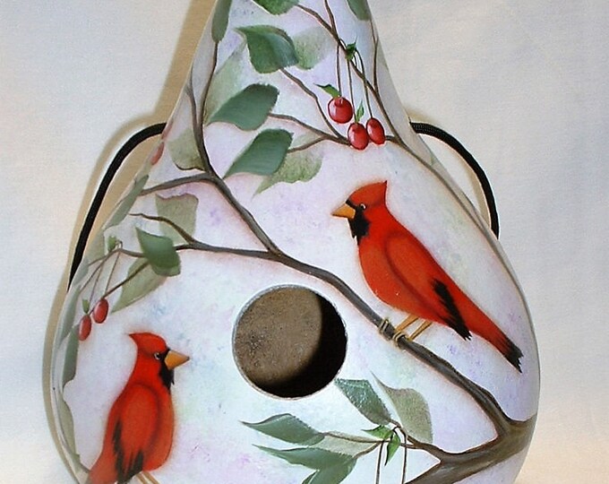 Cardinals and Cherries Gourd Birdhouse - Hand Painted Gourds