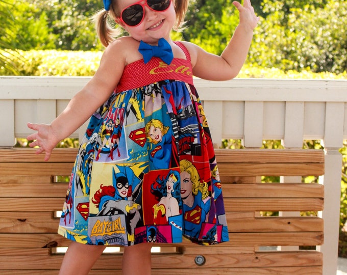 Superwoman - Batgirl - Girly Superhero - Super Hero Birthday - Superhero Party - Personalized Dress - Little Girl Dress - 6 mo to 8 yrs