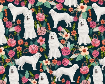Great Pyrenees Dog Fabric - Cute Vintage Florals Fluffy White Dog By Petfriendly - Pyrenees Dog Cotton Fabric by the Yard with Spoonflower