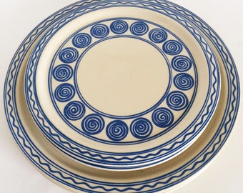 Vintage Melitta Plates, Salad/Dinner Dishes, 1970s stoneware Mid Century Modern, Blue circles swirls, Set of 4