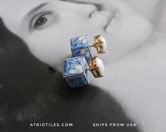 Portugal Antique Azulejo FRONT BACK Double Tile Replica Earrings from Porto Blue - Gift Boxed Delft Willow Ming Pagoda Chinese chinoiserie