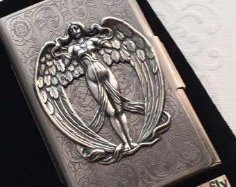 Antiqued Silver Angel Business Card Case Steampunk Card Case Gothic Victorian Card Case Metal Card Wallet Angel Wings