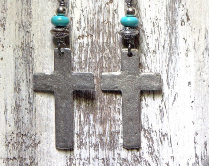 Cross Earrings Turquoise Pewter Dangle Cross Western Southwestern Spiritual Rustic Earrings Boho Bohemian Turquoise Czech Earrings