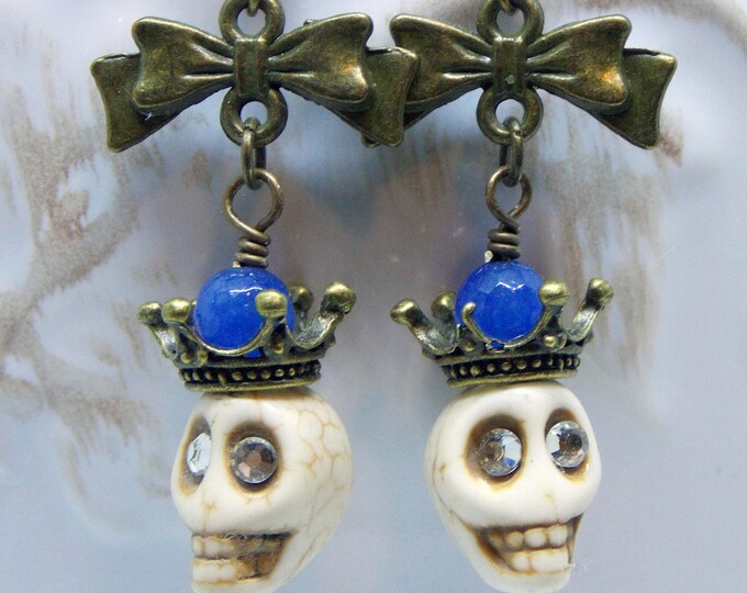 Skull Earrings Sugar Alabaster White Skulls Crown Rhinestone Lapis Lazuli Gemstone Dangle Victorian Earrings Day of the Dead Earrings