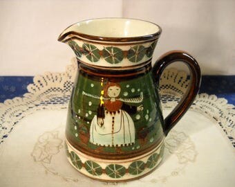 Folk Art Green Highly Glazed Hand Painted Milk Maid Pitcher Dutch Holland Potter