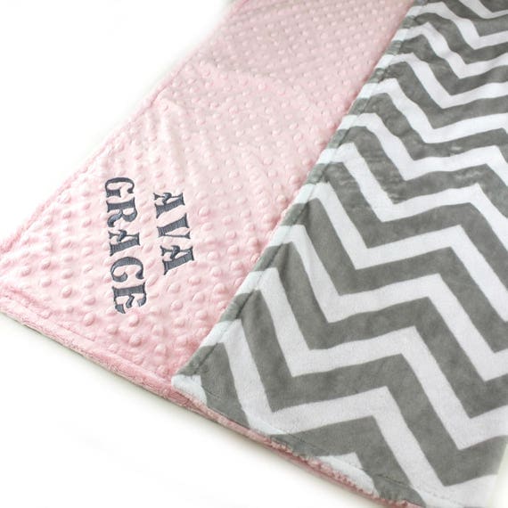 Baby Blanket/ Personalized Minky Baby Blanket Girl, Pink Gray Chevron - Girl Nursery Decor // Custom Baby Blanket / Gray Chevron Blanket