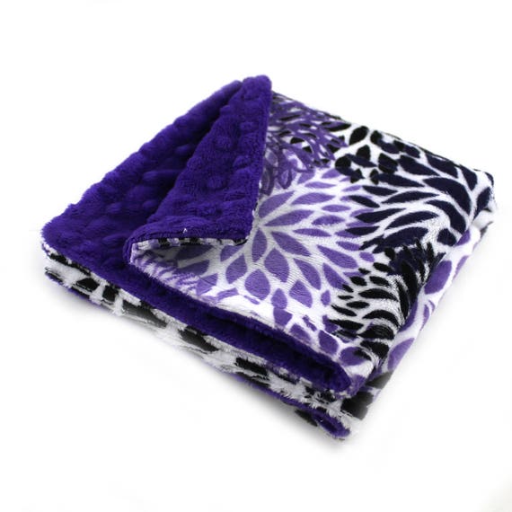 Baby Blanket For Girl - Minky Baby Blanket, Black Purple Flowers Blanket // Mini Baby Blanket // Security Blanket/ Ready to Mail