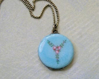 Small Antique Sterling 1920's Guilloche Enamel Locket, Sterling Enamel Locket With Roses, Old Sterling Enamel Locket (#3283)