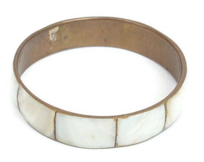 CIJ Sale MOP Shell Brass Bangle Bracelet Boho Vintage