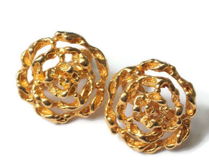 CIJ Sale Floral Design Filigree Earrings Adjustable Clip Back Gold Tone Vintage
