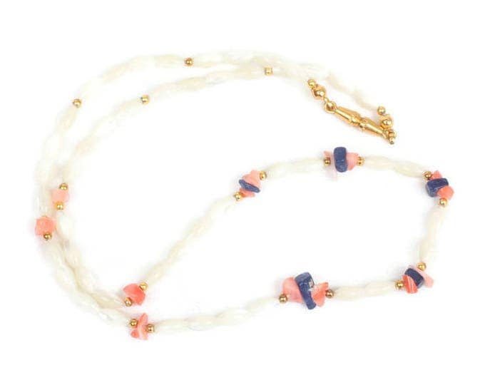 Mother of Pearl Rice Bead Necklace Coral Lapis Bead Accents Vintage