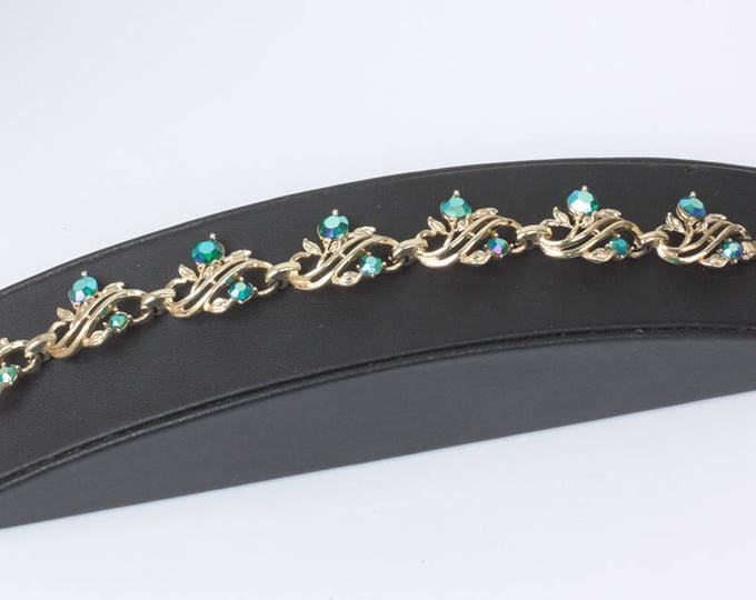 Vintage Green Aurora Borealis Rhinestone Bracelet Swirled Design Bracelet Gold Tone Metal