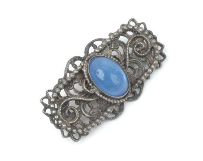 Blue Glass Cabochon Filigree Brooch Victorian Revival Vintage