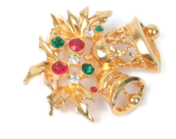 Rhinestone Christmas Bell Brooch Avon Joyous Bells Gold Tone Holiday