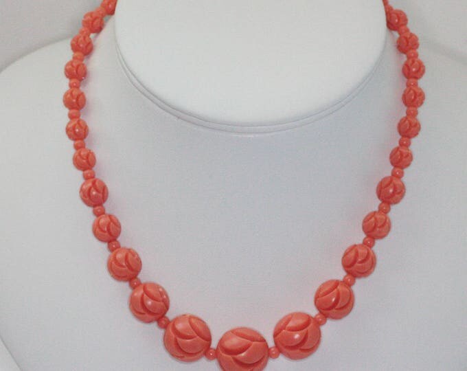 Art Deco Carved Bead Necklace Coral Peach Melon Early Plastics Vintage
