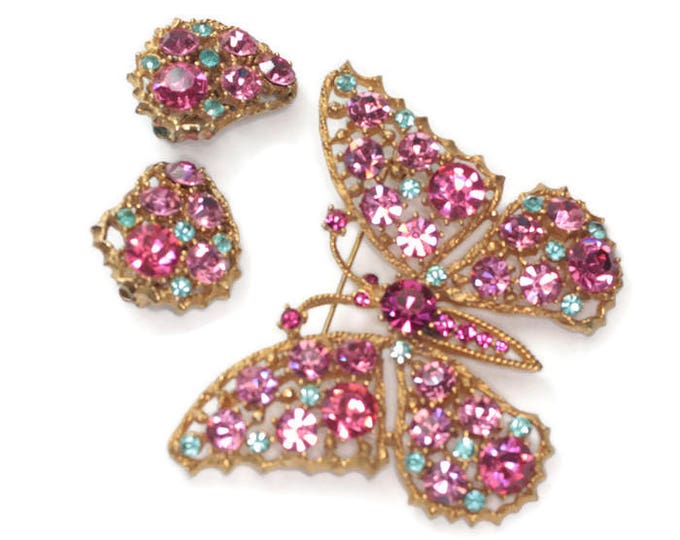 Weiss Rhinestone Butterfly Brooch Earrings Pink Blue Gold Tone Vintage