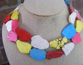 Bold, Multicolor Turquoise Freeform Slab Nuggets Beaded Double Necklaces Ladies