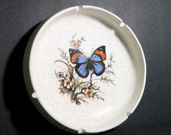 Vintage Pottery Craft Round Ashtray with Butterfly & Flowers / Mid Century Made In USA Butterfly Ashtray / Big Round MCM Ashtray Butterfly