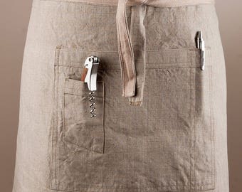 Linen Apron, Bistro Apron, Half Apron. 100% Linen. Neutral Color. Flax. Unisex.