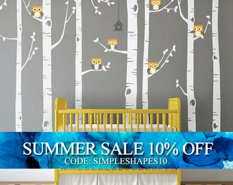 Birch Tree with Owls Wall Decal, Wall Mural, Baby Nursery Decor, Nature Wall Decals, Wall Decor - W1112