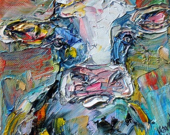 Cow painting original oil 6x6 palette knife impressionism on canvas fine art by Karen Tarlton