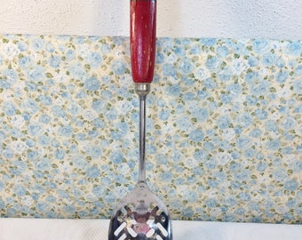 Vintage Retro 50s 60s Skyline Slotted Spoon Red Cream Handle Kitchen Utensils
