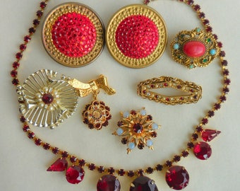 Destash RED RHINESTONE Craft Lot Altered Assemblage for Repurposing Jewelry Making