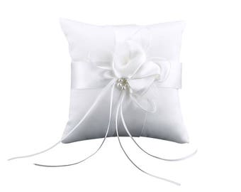 Wedding White Satin With Pearls and Ribbon Ring Bearer Pillow (6" X 6")