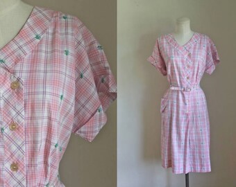 vintage 1950s dress - BETTER HALF pink plaid shirtwaist dress / L