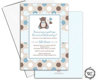 Teddy bear baby shower invitation for boys baby shower invites, polka dots, blue brown beige, printed or printable invitations - WLP00758