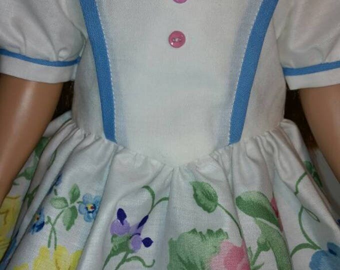 Short sleeve white dress pink and blue floral border fits 18 inch doll