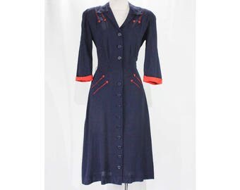 Size 10 1940s Dress - Navy Blue & Red WWII Era 40s Day Dress with Arrows Embroidery - Short Sleeve 1940's Dress - Waist 29 - 49216