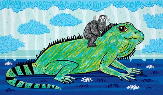 Iggy and The Marmoset - Childrens Animal illustration - Iguana Poster - Nursery Decor - Print by Oliver Lake - iOTA iLLUSTRATiON