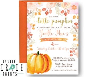 PUMPKIN birthday invitation Little pumpkin birthday invitation girl Our little pumpkin is turning one invitation Pumpkin flowers invitation