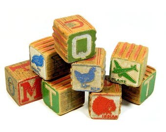 Eight Old Child's Wood Alphabet Blocks