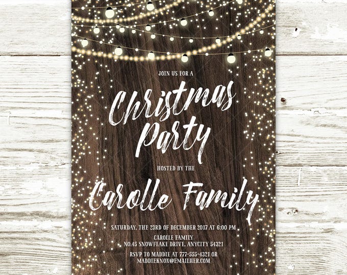 Rustic Christmas Party Invitation, String Lights and Wood Winter Christmas Party Printable Invitation