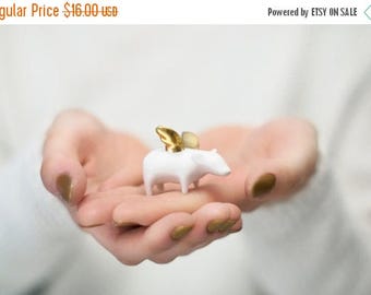 SALE Flying pig Piggy with gold wings, Ceramic miniature sculpture Porcelain figurine, sweet minature animal
